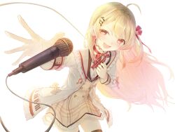 Rule 34 | 1girl, absurdres, ahoge, black thighhighs, blonde hair, brown dress, dress, fortissimo, hair ornament, hair ribbon, highres, hinatan (hinatan krnk), holding, holding microphone, hololive, hololive dev is, jacket, long hair, looking at viewer, microphone, musical note, musical note hair ornament, open mouth, otonose kanade, red ribbon, ribbon, smile, solo, thighhighs, thighs, virtual youtuber, white background, white jacket, yellow eyes, zettai ryouiki