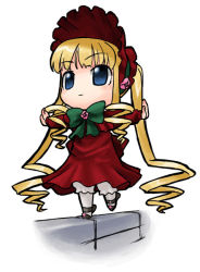 Rule 34 | 00s, 1girl, balancing, blonde hair, blush, bow, bowtie, chibi, chibi only, dress, drill hair, full body, hat, leg up, long hair, long sleeves, outstretched arms, red dress, rozen maiden, shinku, solo, standing, standing on one leg, twin drills, very long hair, wavy mouth, white legwear