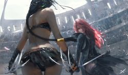 Rule 34 | 2girls, back, black hair, colosseum, ghostblade, holding, holding weapon, long hair, midriff, multiple girls, original, ponytail, red eyes, red hair, skirt, smile, thighhighs, weapon, wlop
