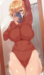 Rule 34 | 1girl, arm up, blonde hair, breasts, cellphone, commentary request, covered navel, curtains, gluteal fold, hair over one eye, heattech leotard, highres, holding, holding phone, indoors, large breasts, leotard, mask, mirror, mole, mole under eye, original, phone, red sweater, reflection, smartphone, solo, sweat, sweater, thick thighs, thigh gap, thighs, turtleneck, turtleneck sweater, wakura (gcdan), yellow eyes