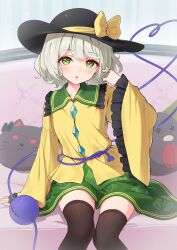 Rule 34 | 1girl, :o, black hat, black thighhighs, blush, bow, character doll, closed eyes, collar, commentary request, couch, dress, feet out of frame, frilled collar, frilled sleeves, frills, green dress, hat, hat bow, heart, highres, kaenbyou rin, kaenbyou rin (cat), kanpa (campagne 9), komeiji koishi, looking at viewer, on couch, reiuji utsuho, reiuji utsuho (bird), shirt, sitting, solo, sun hat, thighhighs, third eye, touhou, twirling hair, wide sleeves, yellow shirt, zettai ryouiki