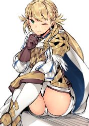 Rule 34 | 1girl, ;), armor, blonde hair, blush, braid, brown gloves, cape, fire emblem, fire emblem heroes, ge-b, gloves, green eyes, highres, long hair, long sleeves, looking at viewer, nintendo, one eye closed, scale armor, sharena (fire emblem), short shorts, shorts, simple background, sitting, sketch, smile, solo, thighhighs, white background, white thighhighs