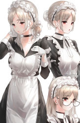 Rule 34 | 1girl, :o, apron, black-framed eyewear, black choker, black dress, blush, bow, breasts, bun cover, choker, cleavage, closed mouth, collarbone, commentary request, dress, glasses, gloves, hand on own chest, highres, juliet sleeves, kfr, long sleeves, maid, maid headdress, medium breasts, mole, mole under eye, multiple views, original, parted bangs, parted lips, puffy sleeves, red eyes, round eyewear, semi-rimless eyewear, short hair, short ponytail, silver hair, simple background, under-rim eyewear, white apron, white background, white bow, white gloves