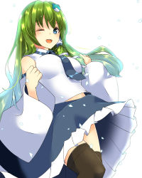 Rule 34 | 1girl, absurdres, black thighhighs, blue eyes, blue necktie, blue skirt, breasts, collared shirt, day, detached sleeves, female focus, frog, frog hair ornament, green hair, hair ornament, hair tubes, highres, japanese clothes, kochiya sanae, long hair, long skirt, medium breasts, miko, mokutan (link machine), necktie, nontraditional miko, one eye closed, open mouth, shirt, skirt, sleeveless, sleeveless shirt, smile, snake hair ornament, solo, thighhighs, touhou, white background, white shirt