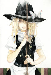 Rule 34 | 1girl, bad id, bad pixiv id, blonde hair, broom, female focus, hat, kirisame marisa, lips, painting (medium), pinkxxxna, solo, touhou, traditional media, watercolor (medium), white background, witch, witch hat