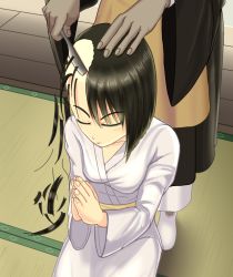 1boy, 1girl, bald spot, black hair, black robe, buddhism, cutting hair, eyes closed, hands clasped, monk, original, out of frame, own hands together, razor, seraph666, shaving head, shoes, short hair, tabi, tatami, wooden floor