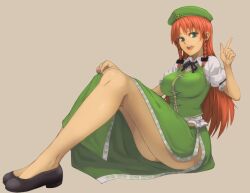 Rule 34 | 1girl, beret, black bow, black footwear, bow, braid, breasts, china dress, chinese clothes, commentary, dress, full body, green eyes, hair bow, hat, hat ornament, highres, hong meiling, index finger raised, kakone, large breasts, legs, long hair, looking at viewer, open mouth, orange hair, side braids, sitting, star (symbol), star hat ornament, teeth, touhou, twin braids, upper teeth only