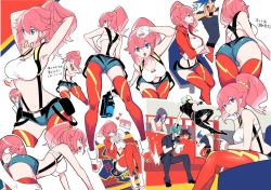 Rule 34 | 2girls, 4boys, aina ardebit, asymmetrical legwear, blue eyes, blush, breasts, crossed arms, expressions, from below, galo thymos, gloves, gueira, heris ardebit, jacket, lio fotia, manbou no ane, meis (promare), midriff, multiple boys, multiple girls, multiple views, open mouth, pink hair, promare, remi puguna, shorts, side ponytail, smile, suspenders, thighhighs, uneven legwear