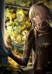 Rule 34 | 2boys, animal ears, armlet, black scarf, blue curtains, blurry, blurry background, braid, cat boy, cat ears, closed mouth, commentary request, dated, facing viewer, flower, hair between eyes, highres, lamento, leaks, light brown hair, light particles, long hair, looking at another, looking outside, male focus, multiple boys, pink flower, red eyes, sad, scarf, shui (lamento), single braid, spiked armlet, standing, tree, upper body, very long hair, willfin, window