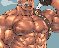 Rule 34 | abs, bara, cropped, facial hair, fighting stance, flexing, flexing pectorals, large pectorals, looking at viewer, male focus, mature male, medium sideburns, muscular, muscular male, nipples, nude, one piece, pectorals, ready to draw, revision, scar, scar on face, scar on forehead, shiny skin, short hair, sideburns stubble, smoker (one piece), sparse stubble, stitches, strongman waist, stubble, terujirou (masateruteru), thick neck, tsurime, upper body, veiny face, veiny neck, white hair