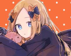 Rule 34 | 1girl, abigail williams (fate), black bow, black dress, blonde hair, blue eyes, bow, bug, butterfly, dress, fate/grand order, fate (series), forehead, hair bow, insect, long hair, long sleeves, looking at viewer, looking to the side, no headwear, hugging object, orange background, orange bow, parted bangs, polka dot, polka dot background, polka dot bow, signature, sofra, solo, stuffed animal, stuffed toy, teddy bear, very long hair