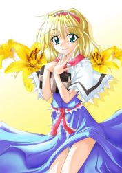 Rule 34 | 1girl, alice margatroid, blonde hair, blue dress, book, capelet, closed mouth, cowboy shot, dress, female focus, floral background, flower, green eyes, hairband, holding, holding book, kurinton, lily (flower), smile, solo, thigh gap, touhou