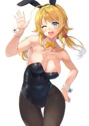 Rule 34 | 1girl, ahoge, animal ears, bare shoulders, black leotard, black pantyhose, blonde hair, blue eyes, blush, bow, bowtie, breasts, cleavage, collarbone, covered navel, cowboy shot, detached collar, fake animal ears, hachimiya meguru, hand on own hip, highleg, highleg leotard, highres, idolmaster, idolmaster shiny colors, large breasts, leotard, long hair, looking at viewer, low twintails, one eye closed, open mouth, pantyhose, playboy bunny, rabbit ears, rangen, simple background, smile, strapless, strapless leotard, twintails, waving, white background, wrist cuffs