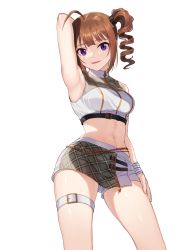 Rule 34 | 1girl, ahoge, argyle, arm at side, arm behind head, arm up, armpits, belt, blunt bangs, breasts, brooch, brown hair, chain, contrapposto, cowboy shot, crop top, drill hair, from below, hair belt, hand on own thigh, highres, idol, idolmaster, idolmaster million live!, idolmaster million live! theater days, jewelry, kamille (vcx68), linea alba, looking at viewer, medium breasts, midriff, miniskirt, navel, open mouth, presenting armpit, purple eyes, shirt, short shorts, shorts, side drill, sidelocks, simple background, skirt, sleeveless, sleeveless shirt, smile, solo, taut clothes, taut shirt, thigh strap, thighs, turtleneck, white background, wristband, yokoyama nao