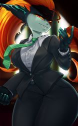 Rule 34 | 1girl, absurdres, alternate breast size, artist name, belt, black jacket, black skin, blurry, blurry background, breasts, buttoned cuffs, buttons, collared shirt, colored sclera, colored skin, demon girl, faejunkie, fang, female focus, forehead, formal, green necktie, grey skin, grin, half-closed eyes, hand up, happy, highres, jacket, large breasts, long hair, long sleeves, looking at viewer, midna, multicolored skin, necktie, neon trim, nintendo, orange eyes, orange hair, pocket, pointy ears, raised eyebrow, shirt, signature, smile, solo, striped necktie, suit, teeth, the legend of zelda, the legend of zelda: twilight princess, thick thighs, thighs, two-tone skin, very long hair, white shirt, wide hips, yellow sclera