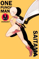 Rule 34 | 1girl, :o, ass, bad id, bad pixiv id, bald, bald girl, black eyes, blush, boots, breasts, cape, character name, clenched hand, constricted pupils, copyright name, from side, full body, genderswap, genderswap (mtf), gloves, harazaki, highleg, highleg leotard, highres, kneepits, leg up, legs, leotard, looking back, one-punch man, open mouth, orange background, red footwear, red gloves, saitama (one-punch man), shadow, simple background, small breasts, solo, thong, thong leotard, twitter username