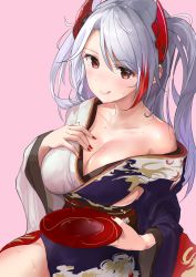 Rule 34 | 1girl, :q, azur lane, blush, breasts, cleavage, closed mouth, collarbone, cup, figurehead (figurehead67), hair ornament, hand on own chest, highres, holding, japanese clothes, kimono, large breasts, long hair, looking at viewer, multicolored hair, nail polish, obi, off shoulder, pink background, prinz eugen (azur lane), prinz eugen (profusion of flowers) (azur lane), red eyes, red hair, red nails, sakazuki, sash, sideboob, sidelocks, silver hair, simple background, smile, solo, streaked hair, swept bangs, tongue, tongue out, two side up, wide sleeves