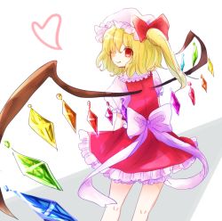 Rule 34 | 1girl, blonde hair, bow, flandre scarlet, hair bow, hair over one eye, heart, kneepits, looking back, mayo (mayomr29), red eyes, side ponytail, simple background, solo, touhou, wings