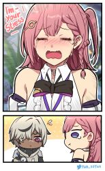 Rule 34 | 1boy, 1girl, 2koma, :t, = =, absurdres, arlan (honkai: star rail), asta (honkai: star rail), bare shoulders, black hair, blush, braid, center frills, chibi, closed eyes, closed mouth, collared shirt, comic, commentary request, crying, dark skin, emphasis lines, english text, flying sweatdrops, frills, grey hair, hair over one eye, highres, honkai: star rail, honkai (series), korean commentary, multicolored hair, nose blush, one side up, ooyun, open mouth, pink hair, pout, purple eyes, shirt, sleeveless, sleeveless shirt, streaked hair, tears, wavy mouth, white shirt