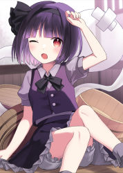 Rule 34 | 1girl, ;o, alternate color, basin, black hairband, black neckwear, black ribbon, bloomers, blunt bangs, blurry, blurry background, blush, bob cut, bobby socks, breasts, buttons, collared shirt, commentary request, crossed bandaids, feet out of frame, fingernails, grey socks, hair ribbon, hairband, hand up, highres, hitodama, indoors, knees together feet apart, konpaku youmu, konpaku youmu (ghost), konpaku youmu (mysterious sword master), looking at viewer, one eye closed, open mouth, petticoat, pink shirt, puffy short sleeves, puffy sleeves, purple hair, purple skirt, purple vest, red eyes, ribbon, shirt, short hair, short sleeves, sitting, skirt, skirt set, small breasts, socks, solo, suzuno naru, touhou, touhou lostword, underwear, vest, wing collar
