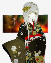Rule 34 | 1girl, alternate costume, android, artist name, commentary, english commentary, female focus, flower, grey hair, hair flower, hair ornament, happy new year, highres, indie virtual youtuber, japanese clothes, kimono, light smile, looking at viewer, new year, obi, sash, sleeves past fingers, sleeves past wrists, solo, the cecile, the cecile (vtuber), twitter username, virtual youtuber, wide sleeves, yellow eyes, yukata