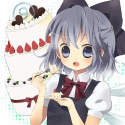 Rule 34 | circled 9, 1girl, bad id, bad pixiv id, blue eyes, blue hair, bow, cake, cirno, eating, fairy, female focus, food, food on face, fruit, hair bow, heart, matching hair/eyes, open mouth, purin jiisan, short hair, solo, strawberry, touhou, white background, wings