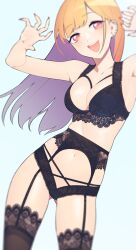 Rule 34 | 1girl, :d, armpits, arms up, black bra, black garter belt, black panties, black thighhighs, blonde hair, blurry, blush, bra, breasts, claw pose, collarbone, commentary, contrapposto, cowboy shot, ear piercing, earrings, garter belt, gluteal fold, gradient hair, happy, highres, jewelry, kitagawa marin, lace, lace-trimmed bra, lace-trimmed legwear, lace panties, lace trim, lingerie, long hair, looking at viewer, medium breasts, multicolored hair, multiple piercings, nail polish, navel, open mouth, panties, piercing, red eyes, red nails, simple background, smile, solo, sono bisque doll wa koi wo suru, standing, teeth, thighhighs, thighs, underwear, underwear only, upper teeth only, yan wan
