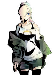 Rule 34 | 1girl, absurdres, ananjun, bare shoulders, black thighhighs, blonde hair, blue eyes, casual, collarbone, cowboy shot, cross, cross earrings, earrings, emblem, eyelashes, hair over one eye, highres, jacket, jewelry, mercy (overwatch), off-shoulder shirt, off shoulder, overwatch, overwatch 1, ponytail, shirt, short hair, shorts, simple background, solo, tank top, thighhighs, white background