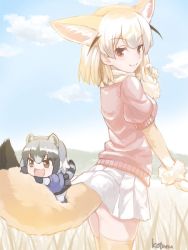 Rule 34 | &gt;:d, 10s, 2girls, :d, animal ears, artist name, blonde hair, blue sky, blush, bow, bowtie, breasts, brown eyes, chibi, climbing, closed mouth, cloud, common raccoon (kemono friends), day, fang, fennec (kemono friends), fox ears, fox tail, gale kawaii, gloves, gradient hair, grass, grey hair, half-closed eyes, happy, kemono friends, lips, looking at viewer, medium breasts, multicolored hair, multiple girls, open mouth, outdoors, pantyhose, pink lips, pink sweater, raccoon, raccoon ears, raccoon tail, short-sleeved sweater, short hair, short sleeves, skin fang, sky, smile, sweater, sweater vest, tail, thighhighs, two-tone hair, v-shaped eyebrows, aged down, zettai ryouiki