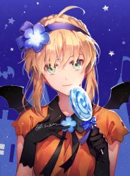 Rule 34 | 1girl, alternate costume, artoria pendragon (all), artoria pendragon (fate), bad id, bad pixiv id, black gloves, black wings, blue background, blue flower, braid, breasts, candy, closed mouth, collarbone, collared shirt, fate/stay night, fate (series), flower, food, gloves, h sueun, hair flower, hair ornament, hairband, halloween, hands up, head tilt, holding, holding candy, holding food, holding lollipop, light smile, lollipop, looking at viewer, mini wings, orange shirt, purple hairband, saber (fate), shirt, short sleeves, sidelocks, small breasts, solo, star (symbol), swirl lollipop, twitter username, wings