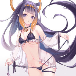 Rule 34 | 1girl, alternate costume, animal ears, bikini, black bikini, black choker, blush, breasts, choker, cleavage, cococo moru, commentary, cowboy shot, extra ears, floating hair, gradient background, grey background, groin, halo, headpiece, holding, holding clothes, holding swimsuit, hololive, hololive english, jewelry, long hair, looking at viewer, mole, mole under eye, multicolored hair, navel, ninomae ina&#039;nis, orange hair, parted lips, pendant, pointy ears, purple hair, see-through, simple background, skindentation, small breasts, solo, standing, stomach, string bikini, swimsuit, tentacle hair, thigh gap, thigh strap, twitter username, two-tone hair, untied bikini, very long hair, virtual youtuber