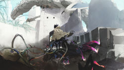 Rule 34 | 1other, ambiguous gender, artist name, black hair, brown cloak, building, claw (weapon), cloak, commentary, dragon, electricity, facing away, highres, mechanical tentacles, monster, original, plant, rubble, scenery, solo, sparks, standing, stone, tentacles, uki atsuya, weapon, wide shot