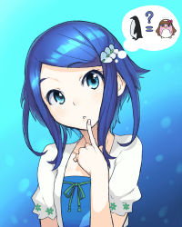 Rule 34 | 1girl, ?, bird, blue eyes, blue hair, blush, chiwino, female focus, finger to mouth, hair ornament, hairclip, looking at viewer, matching hair/eyes, open mouth, penguin, pretty series, pretty rhythm, pretty rhythm rainbow live, rinne (pretty rhythm), short hair, solo, syn sophia, thought bubble, upper body