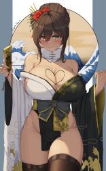 Rule 34 | 1girl, absurdres, bare shoulders, black bow, black kimono, black thighhighs, blonde hair, blush, bow, breasts, brown hair, cleavage, closed mouth, dark-skinned female, dark skin, flower, folded fan, folding fan, fur collar, goddess of victory: nikke, grayfoxpochi, hair between eyes, hair flower, hair ornament, hand fan, heart, highres, holding, holding fan, huge breasts, japanese clothes, kimono, looking at viewer, no panties, noir (nikke), off shoulder, pelvic curtain, print kimono, red flower, red rose, rose, solo, standing, thighhighs, thighs, two-tone kimono, wave print, white kimono, wide sleeves