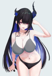 Rule 34 | 1girl, arm up, asymmetrical horns, black hair, black panties, blue hair, bra, breasts, collarbone, colored inner hair, cowboy shot, demon horns, grey bra, highres, hololive, hololive english, horns, large breasts, lephi, long hair, multicolored hair, navel, nerissa ravencroft, open mouth, panties, purple eyes, simple background, solo, stomach, thighs, two-tone hair, underwear, very long hair, virtual youtuber
