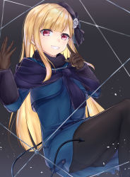 Rule 34 | 1girl, absurdres, ass, bad id, bad pixiv id, black hat, black pantyhose, blonde hair, blue eyes, blue jacket, blush, breasts, brown gloves, commentary request, demon tail, fate/grand order, fate (series), feet out of frame, flower, fur collar, gloves, grin, hair ornament, hands up, hat, highres, index finger raised, jacket, long hair, long sleeves, looking at viewer, lord el-melloi ii case files, nattsu (nattu888 8), pantyhose, red eyes, reines el-melloi archisorte, shrug (clothing), smile, solo, tail, white flower