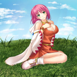 Rule 34 | 1990s (style), 1girl, bad id, bad pixiv id, blush, boots, bracelet, breasts, cleavage, dress, final fantasy, final fantasy v, grass, green eyes, head tilt, jewelry, karigurashi, large breasts, lenna charlotte tycoon, open clothes, open robe, orange shirt, pink hair, retro artstyle, robe, shirt, short dress, short hair, sitting, smile, solo, wariza, white mage (final fantasy)