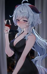 Rule 34 | 1girl, absurdres, ahoge, alcohol, alternate costume, bad id, bad twitter id, bare arms, bare shoulders, black dress, blue hair, blurry, blurry background, blush, breasts, cleavage, cup, curtains, dress, drinking glass, drunk, fingernails, ganyu (genshin impact), genshin impact, goat horns, gradient eyes, halter dress, halterneck, highres, horns, indoors, large breasts, long fingernails, long hair, low ponytail, multicolored eyes, nail polish, purple eyes, red nails, sleeveless, sleeveless dress, solo, ueng, very long hair, window, wine, wine glass
