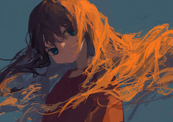 Rule 34 | 1girl, blue background, blue eyes, closed mouth, commentary request, floating hair, from side, long hair, looking at viewer, orange hair, original, potg (piotegu), red shirt, shirt, signature, simple background, solo, upper body
