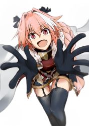 Rule 34 | 1boy, astolfo (fate), black thighhighs, blush, braid, cape, commentary request, fang, fate/apocrypha, fate (series), fur trim, garter straps, hair ribbon, highres, long hair, looking at viewer, male focus, open mouth, pink hair, red eyes, ribbon, shirokuma1414, single braid, smile, solo, thighhighs, trap