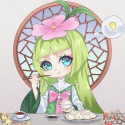 Rule 34 | 1girl, :t, antenna hair, blue eyes, bow, bowl, chibi, chopsticks, corn, cup, dress, dress bow, dumpling, eating, flower, food, green dress, green hair, grey background, hair flower, hair ornament, hands up, high collar, highres, holding, holding bowl, holding chopsticks, jiaozi, kumu zaisheng, long hair, looking to the side, pink bow, pink flower, plate, qili (xiao huaxian), round window, solo, table, thought bubble, upper body, white sleeves, wide sleeves, window, xiao huaxian