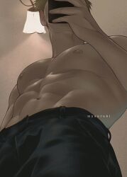 Rule 34 | 1boy, bara, blonde hair, collared shirt, covering face, denim, feet out of frame, from below, holding, holding phone, jeans, jujutsu kaisen, large pectorals, long sleeves, male focus, mature male, mayo (myaoruki), muscular, muscular male, nanami kento, pants, pectorals, phone, selfie, shirt, short hair, solo, standing, topless male