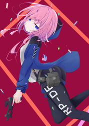 Rule 34 | 1girl, ahoge, arknights, black shorts, blue eyes, blue jacket, blue poison (arknights), blue poison (elite ii) (arknights), breasts, closed mouth, elite ii (arknights), eyes visible through hair, gun, highres, holding, holding gun, holding weapon, hood, hood down, hooded jacket, jacket, leggings, leggings under shorts, long hair, pantyhose, pink hair, pixiv56423347, shirt, shorts, small breasts, solo, trigger discipline, weapon, white shirt