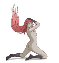 Rule 34 | 1girl, artist name, ass, bare shoulders, blush, breasts, dark-skinned female, dark skin, fire hair, floating hair, from behind, full body, karvis, lips, long hair, looking at viewer, medium breasts, nipples, nude, red hair, signature, simple background, smile, solo, vector trace, white background, yellow eyes