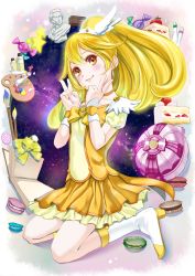 Rule 34 | 10s, 1girl, art brush, blonde hair, book, boots, bow, cake, candy, choker, cure peace, dessert, double v, dress, food, full body, hair flaps, kise yayoi, long hair, magical girl, paint, paintbrush, palette (object), ponytail, precure, sculpture, skirt, smile, smile precure!, solo, statue, tarou (kitsune kitsune), tiara, upper body, v, wrist cuffs, yellow bow, yellow dress, yellow eyes, yellow skirt