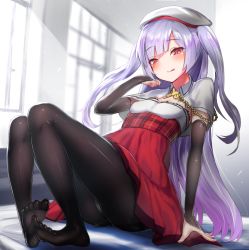 Rule 34 | 1girl, ajax (azur lane), arm support, arm warmers, azur lane, beret, black pantyhose, blush, breasts, capelet, closed mouth, commentary request, feet, fingernails, full body, hand up, hat, head tilt, high-waist skirt, indoors, licking lips, long hair, looking at viewer, no shoes, panties, panties under pantyhose, pantyhose, plaid, purple hair, reclining, red eyes, red skirt, skirt, small breasts, smile, solo, sunlight, thighband pantyhose, toes, tongue, tongue out, two side up, underwear, unizou, very long hair, white capelet, white hat, window, wing collar
