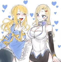 2girls blonde_hair blue_eyes breasts cleavage detached_sleeves earrings eden&#039;s_zero fairy_tail jewelry large_breasts long_hair lucy_heartfilia multiple_girls rebecca_bluegarden skirt smile twintails