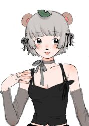 Rule 34 | 1girl, :3, animal ears, animal nose, bare shoulders, black camisole, black ribbon, blush, breasts, camisole, choker, cleavage, closed mouth, collarbone, detached sleeves, grey eyes, grey hair, grey ribbon, grey sleeves, hair ribbon, hair rings, hand up, highres, jewelry, looking to the side, medium breasts, midriff peek, mizu&#039;24, mode aim, multiple rings, ponpoko (vtuber), raccoon ears, raccoon girl, ribbon, ribbon choker, ring, see-through, see-through sleeves, short hair, simple background, solo, spaghetti strap, tongue, tongue out, upper body, virtual youtuber