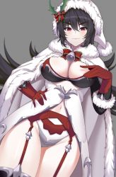 Rule 34 | 1girl, bell, black bra, black hair, bow, bra, breasts, cape, christmas, cleavage, closed mouth, coat, commentary, cowboy shot, fur-trimmed cape, fur trim, garter belt, gloves, grey panties, hand on own hip, hand up, hat, ilya (christmas) (princess connect!), ilya (princess connect!), large breasts, long hair, looking at viewer, navel, official alternate costume, panties, princess connect!, red bow, red eyes, red gloves, revealing clothes, santa costume, santa hat, showgirl skirt, smile, smug, solo, stomach, sukebewe, thighhighs, thighs, underwear, v-shaped eyebrows, white coat, white hat