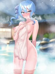 Rule 34 | 1girl, absurdres, alternate breast size, blue hair, blush, breasts, completely nude, full-face blush, gluteal fold, grey eyes, highres, hololive, hoshimachi suisei, long hair, looking at viewer, medium breasts, night, nipples, nude, onsen, outdoors, seisui bar, side ponytail, sky, solo, standing, star (sky), starry sky, steam, towel, virtual youtuber, wading, water, wet
